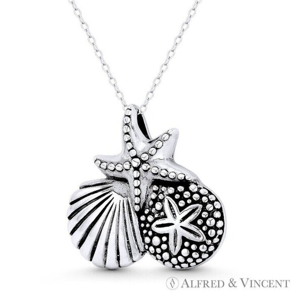Starfish, Sand Dollar, & Clam Charm Pendant in Oxidized .925 Sterling Silver - Picture 1 of 1